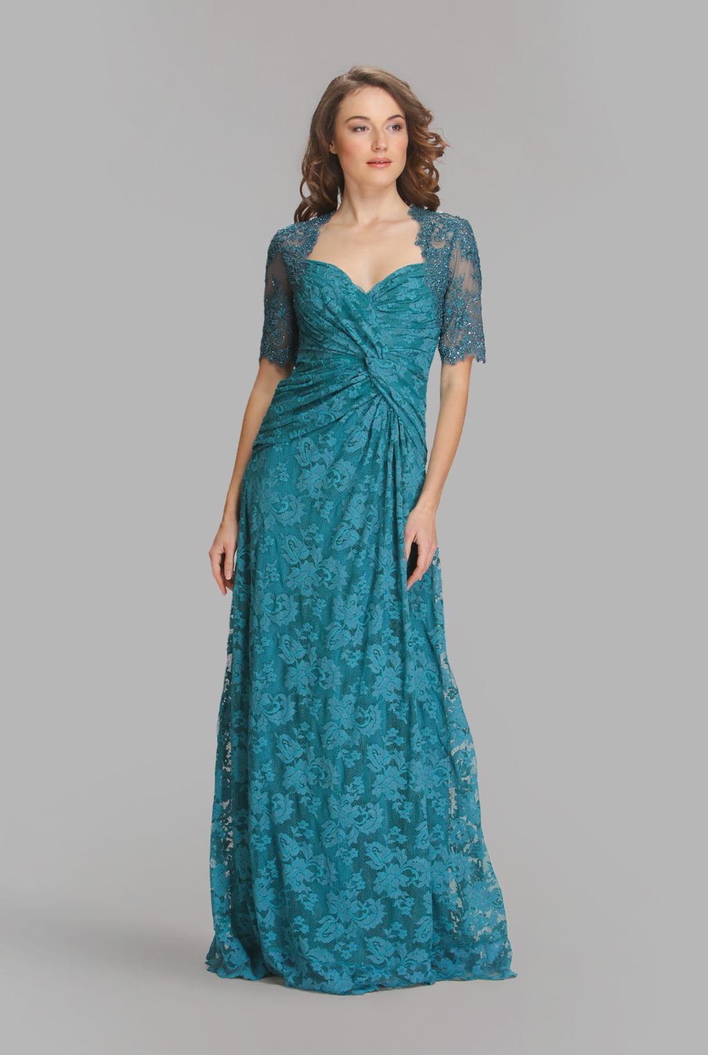 Green emerald ruched wrap mesh back gown-0