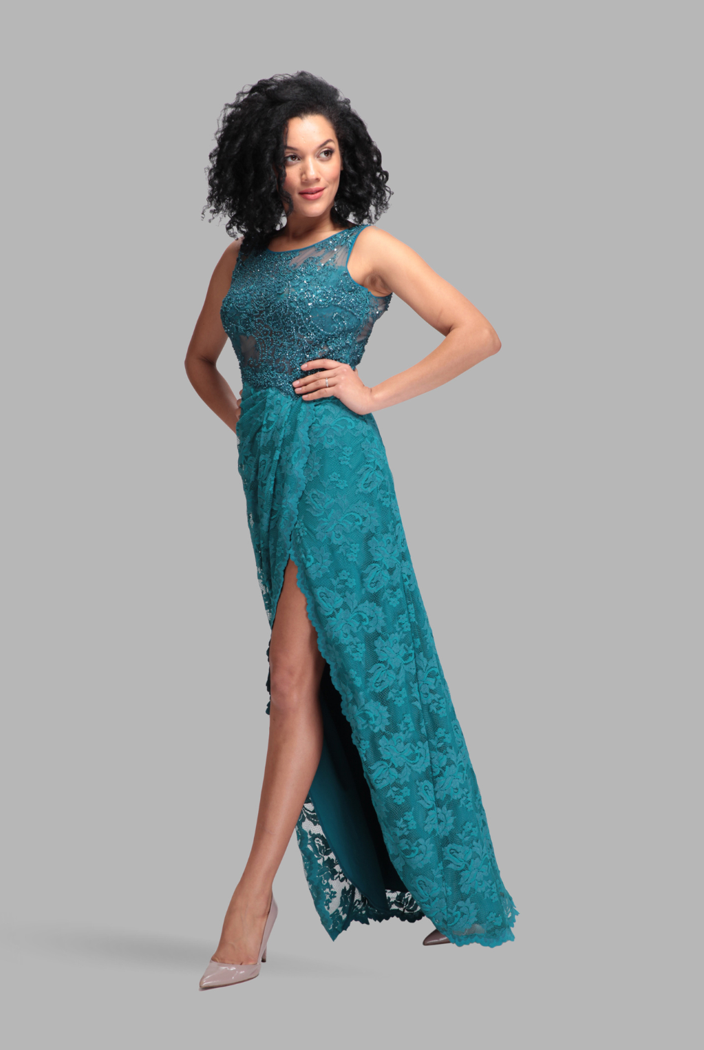 Embellished emerald green slit gown – Olvi's Lace