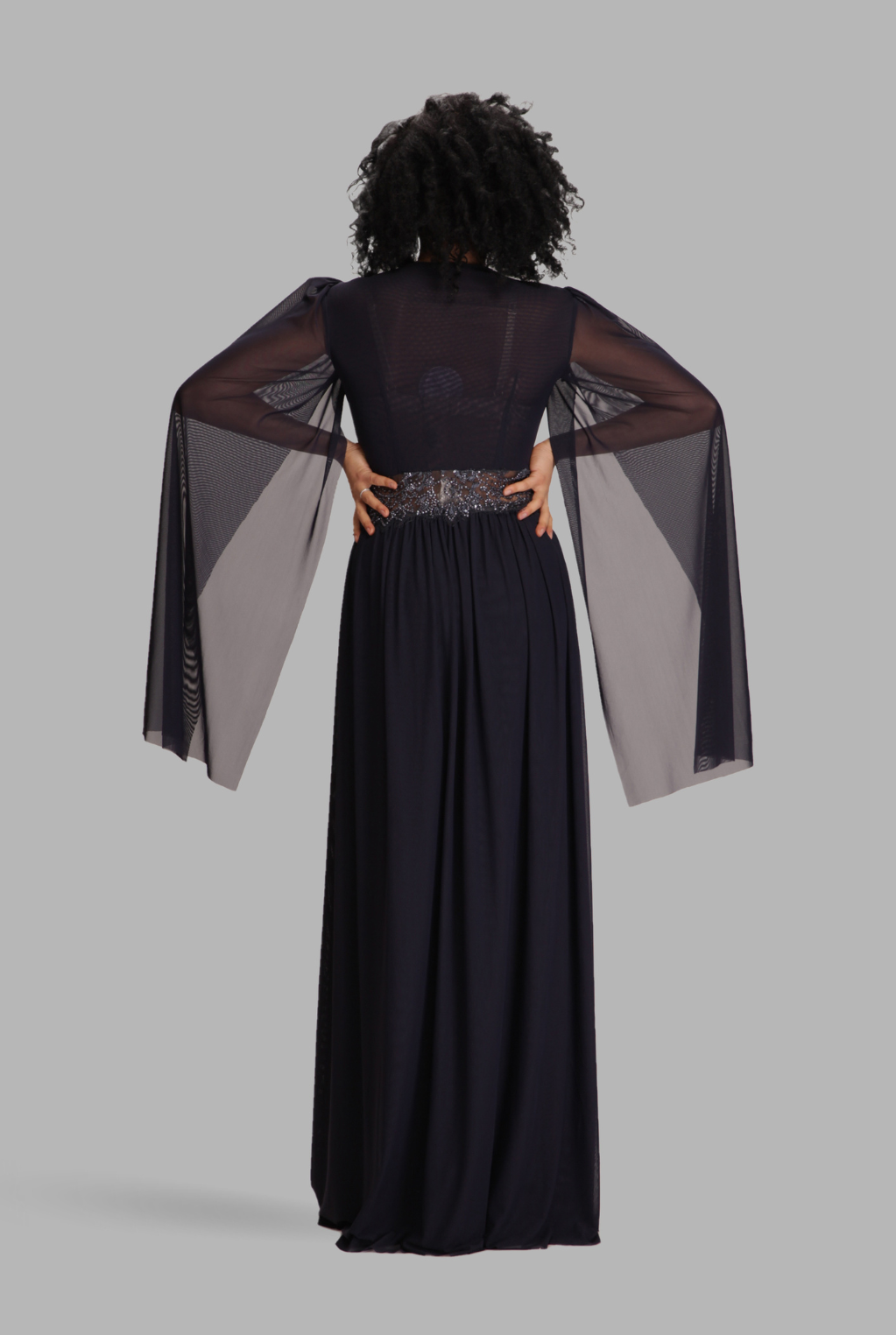 Cape sleeve sequinned mesh waist gown-2