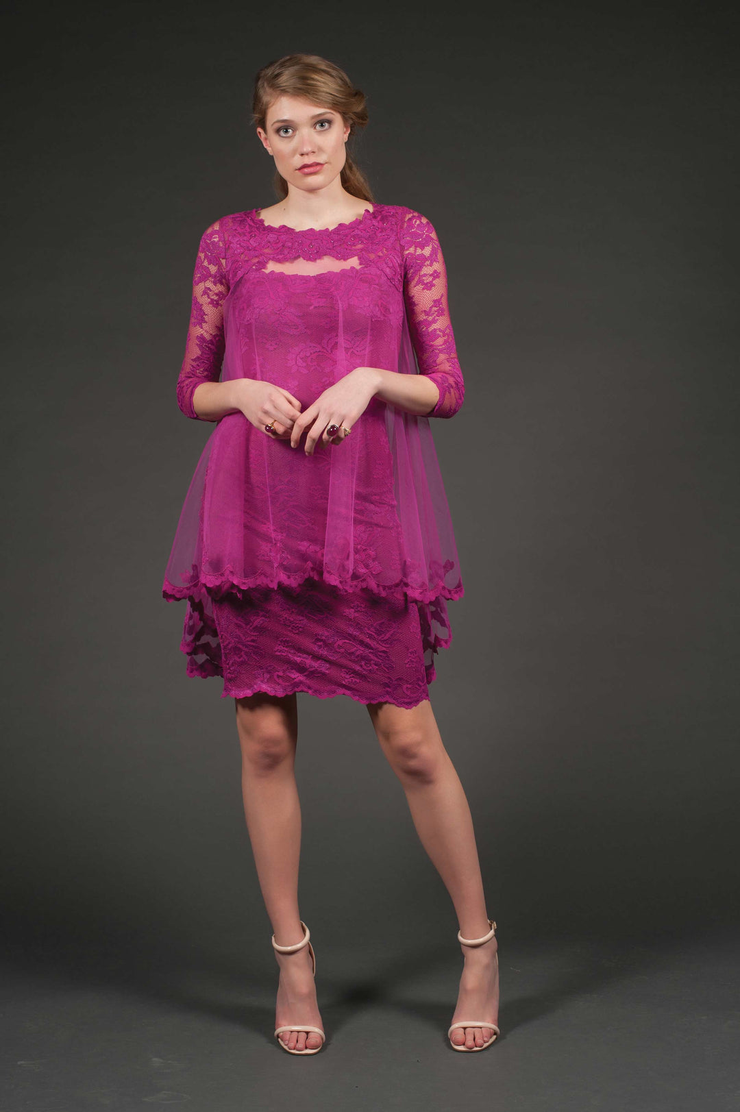 Three-Quarter Sleeve Lace Dress with Cape-0