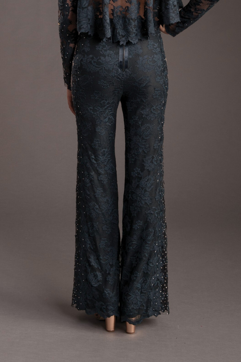 Floral Lace Sheer Panel Trousers with Swarovski Crystals-2