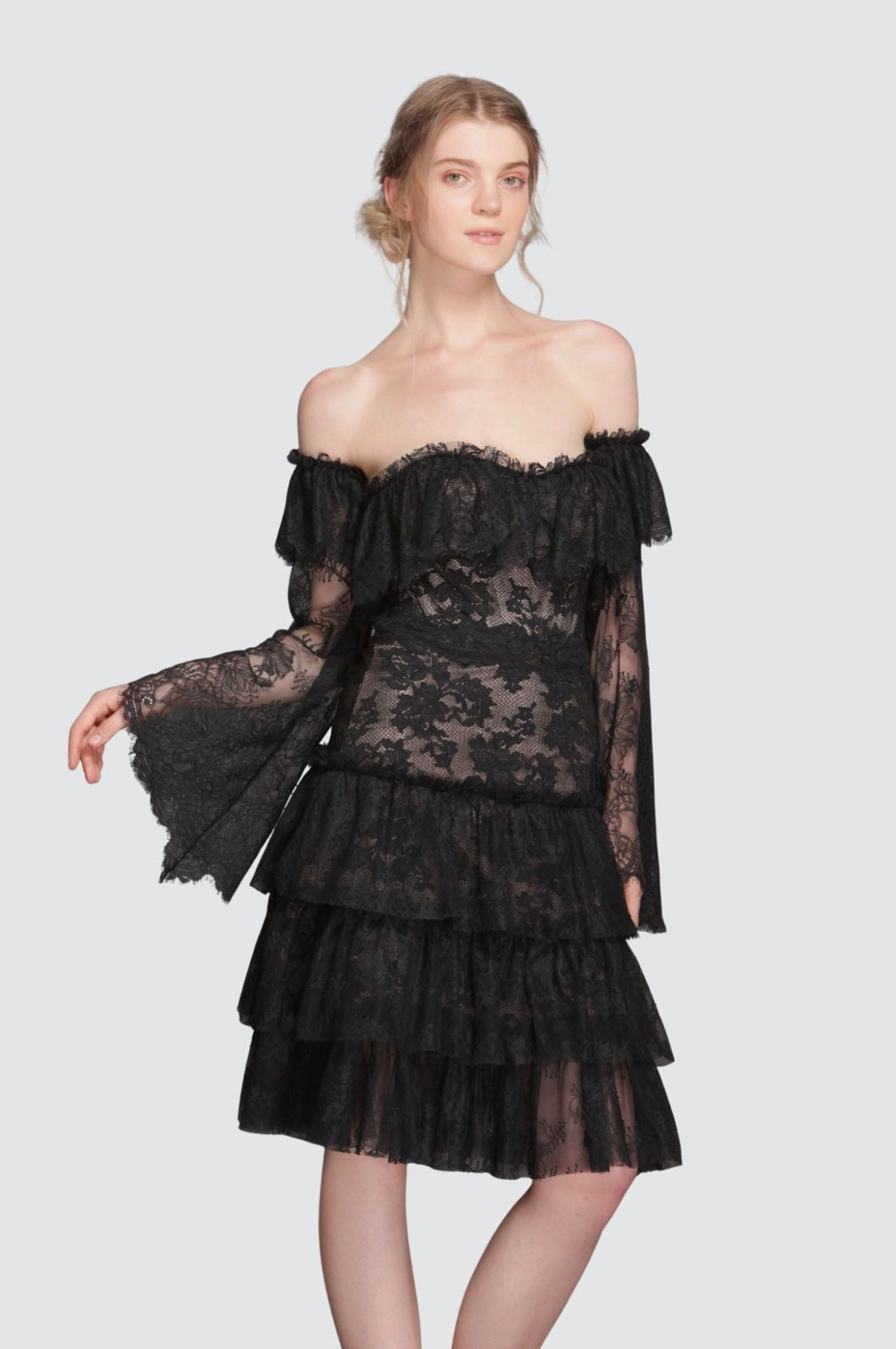 knee length dresses for ladies Black Off-Shoulder Mesh Frill Dress – Olvi's Lace