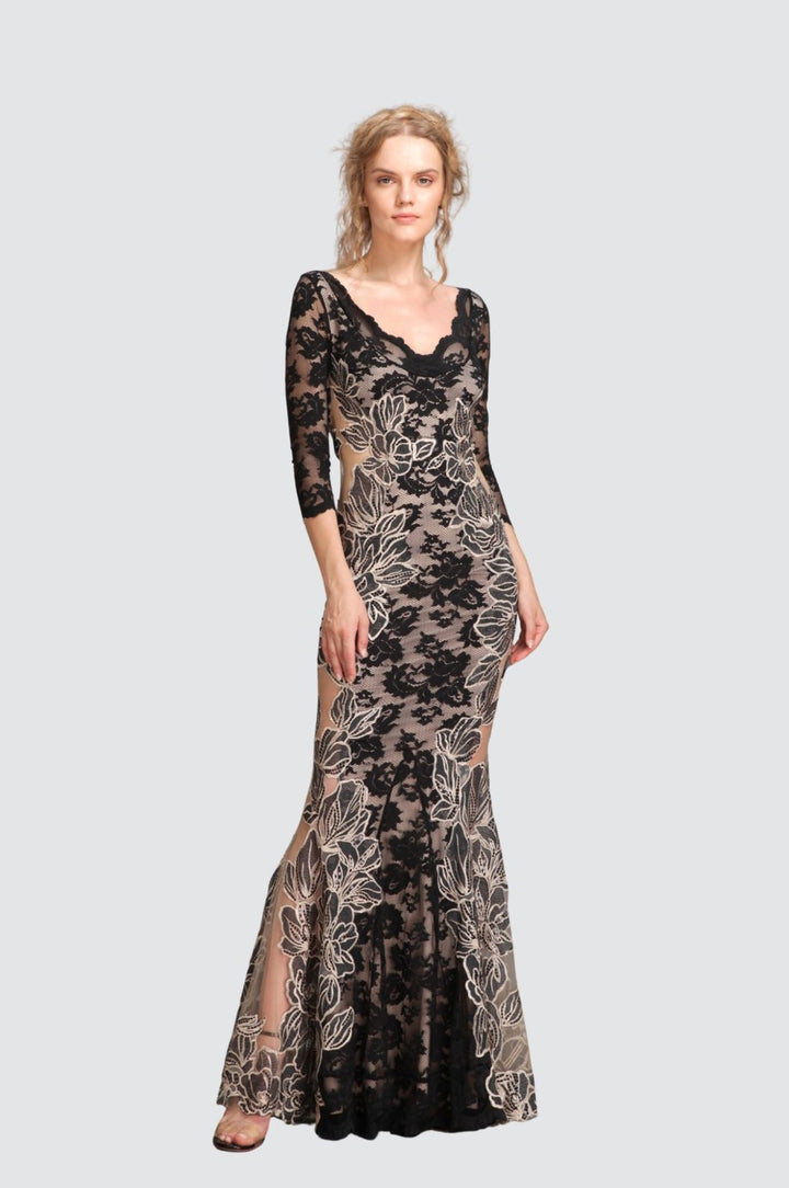 Schwarzes langes Spitzenkleid aus Netzstoff