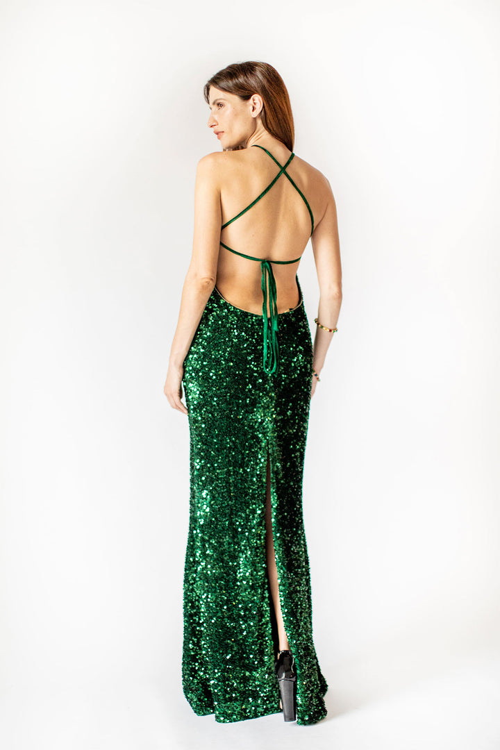 Emerald Bloom Paillettenkleid mit floraler Halsapplikation