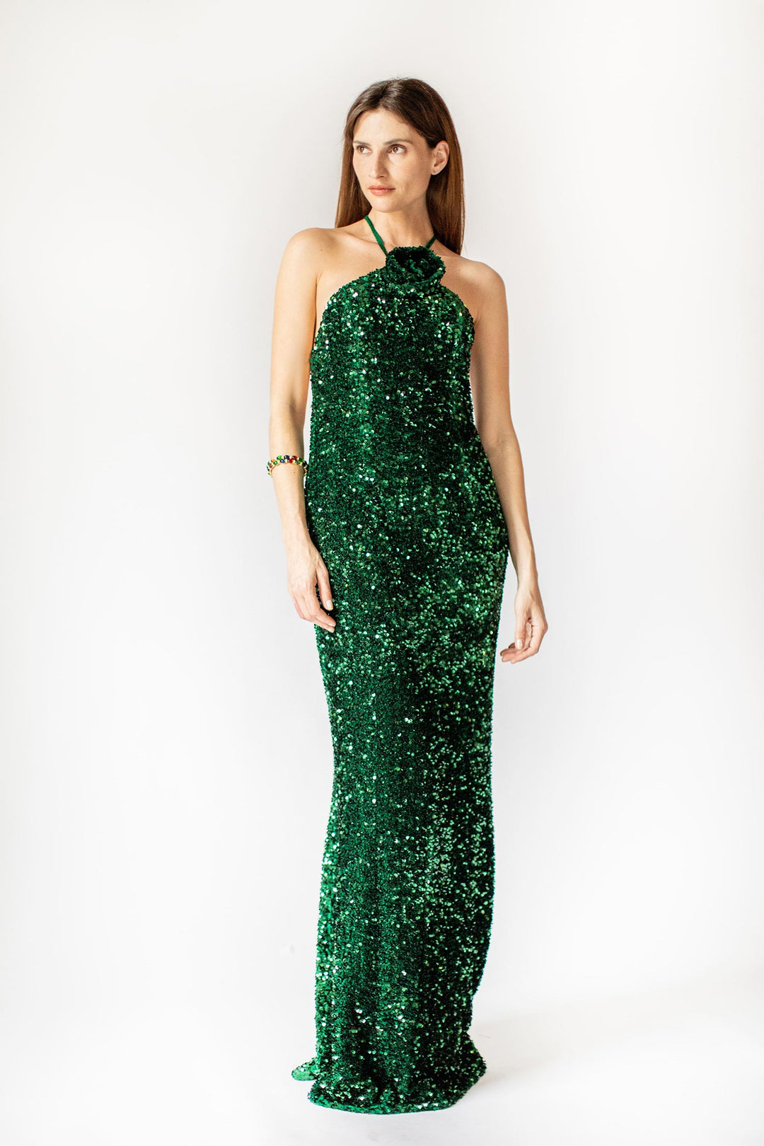 Emerald Bloom Paillettenkleid mit floraler Halsapplikation