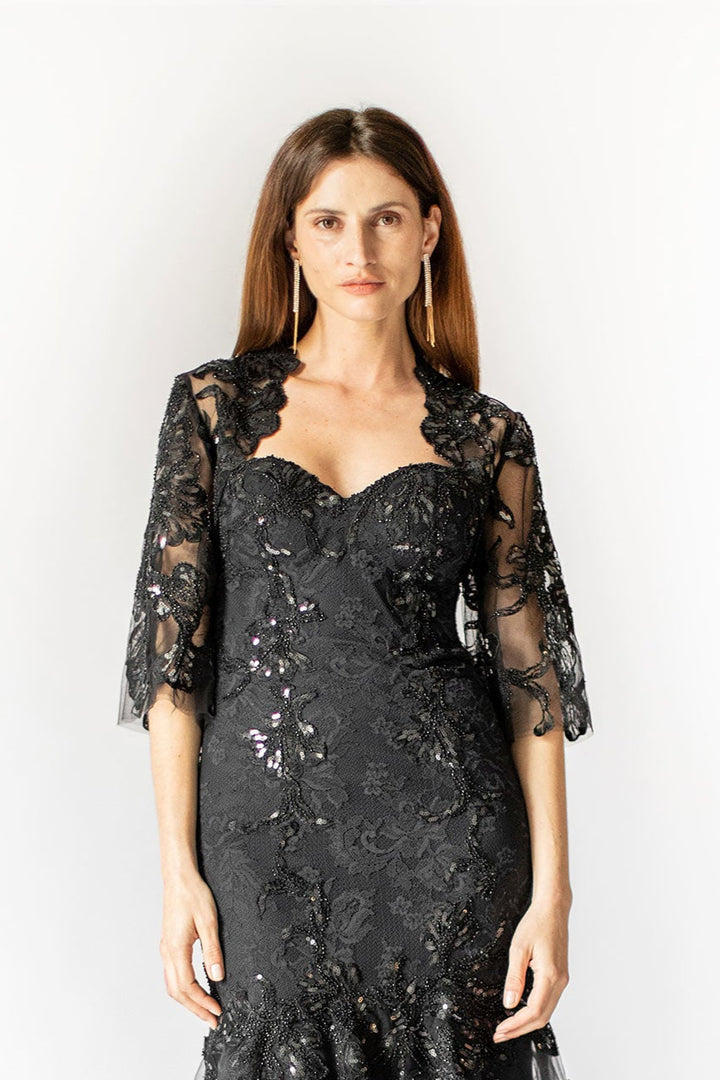Mitternachtsblauer Bolero aus Tüll mit Perlenverzierung und Pailletten