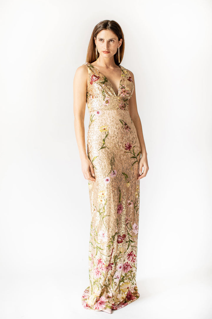 Paillettenkleid mit vergoldeter Blüte und drapiertem Rücken