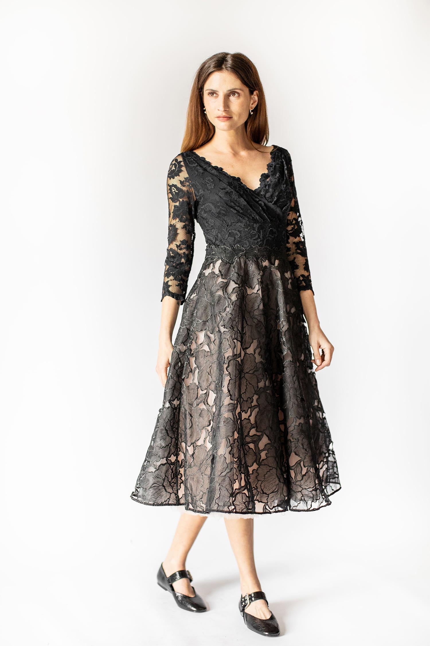 Midnight Blossom Belted Midi Dress