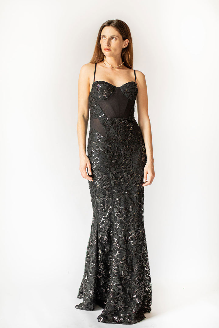 Opulence Langes schwarzes Miederkleid
