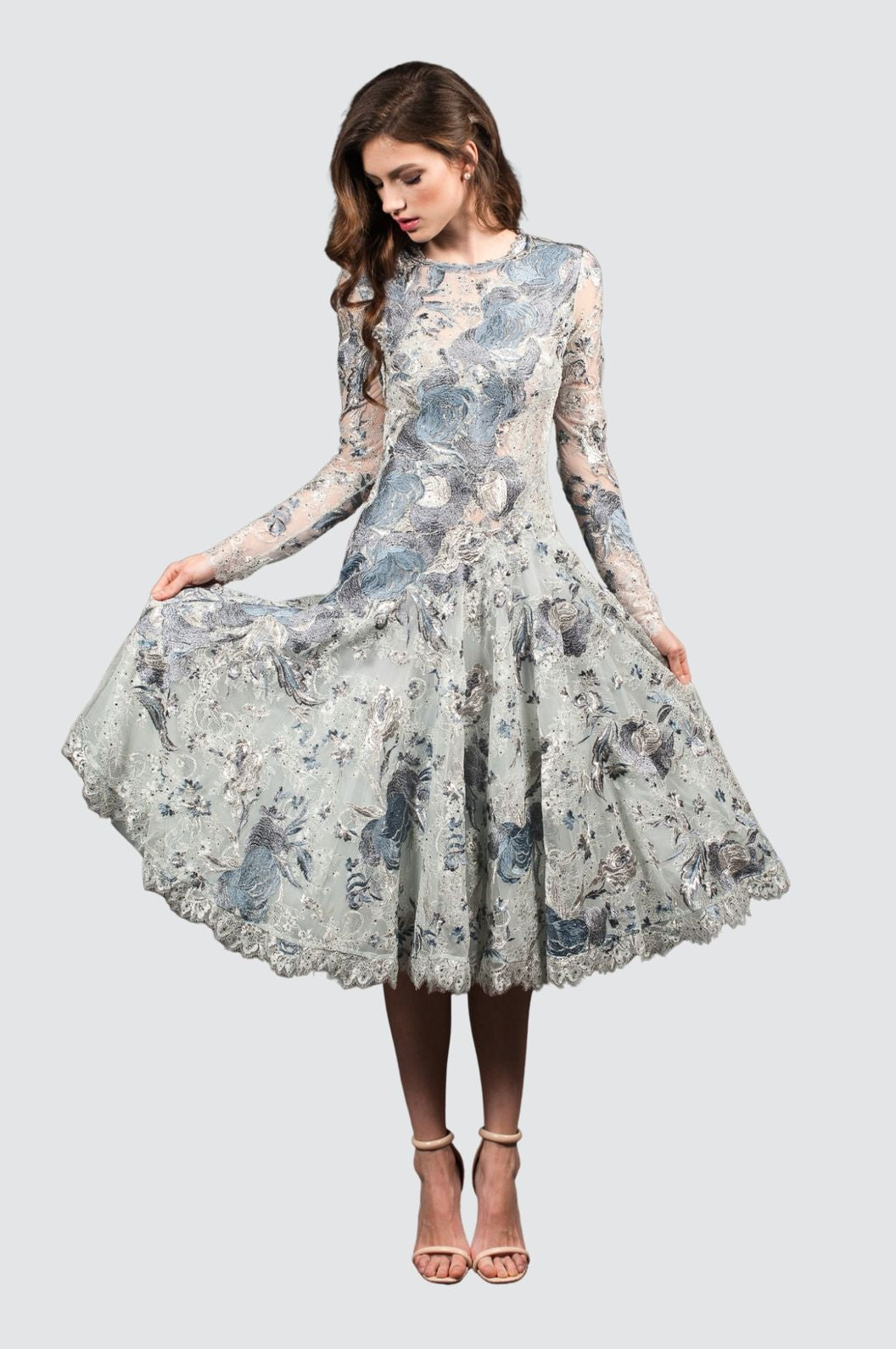 knee length dresses for ladies Silver Grey Embroidered Midi Dress – Olvi's Lace