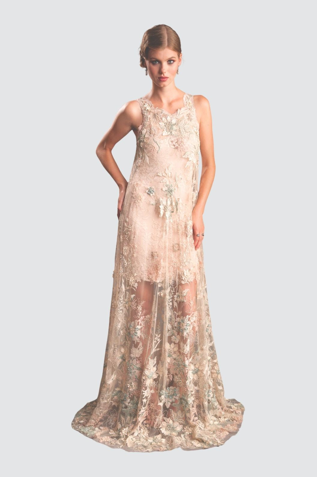 Sheer Embroidered Sleeveless Gown with Floral Overlay Olvi's Lace Sheer Embroidered Sleeveless Gown with Floral Overlay Olvi's Lace