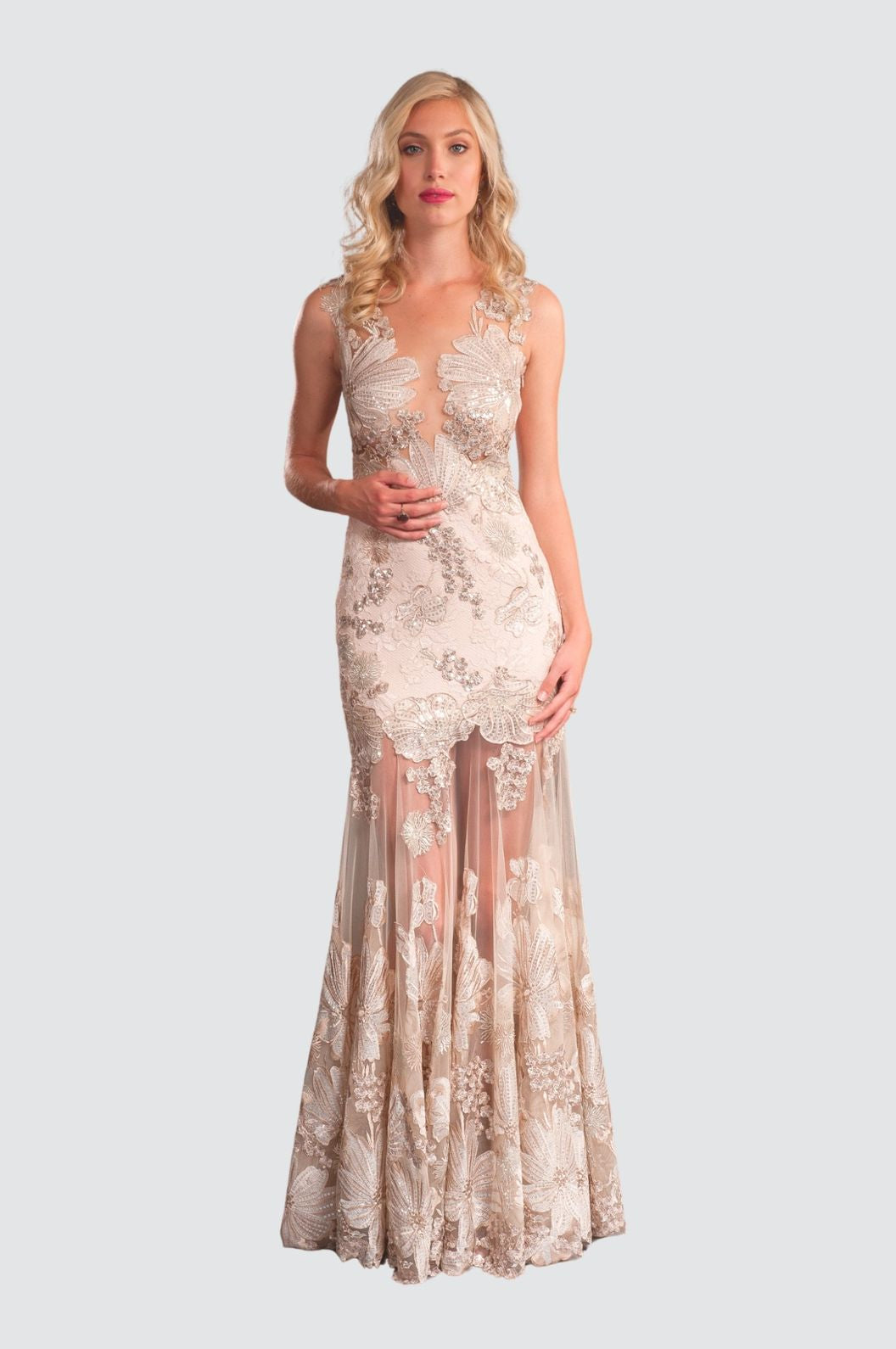 Elegant Lace Gown with Floral Embroidery Elegant Lace Gown with Floral Embroidery