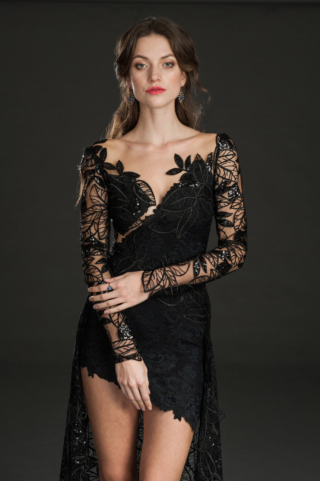 Black floral high-low mesh gown-2