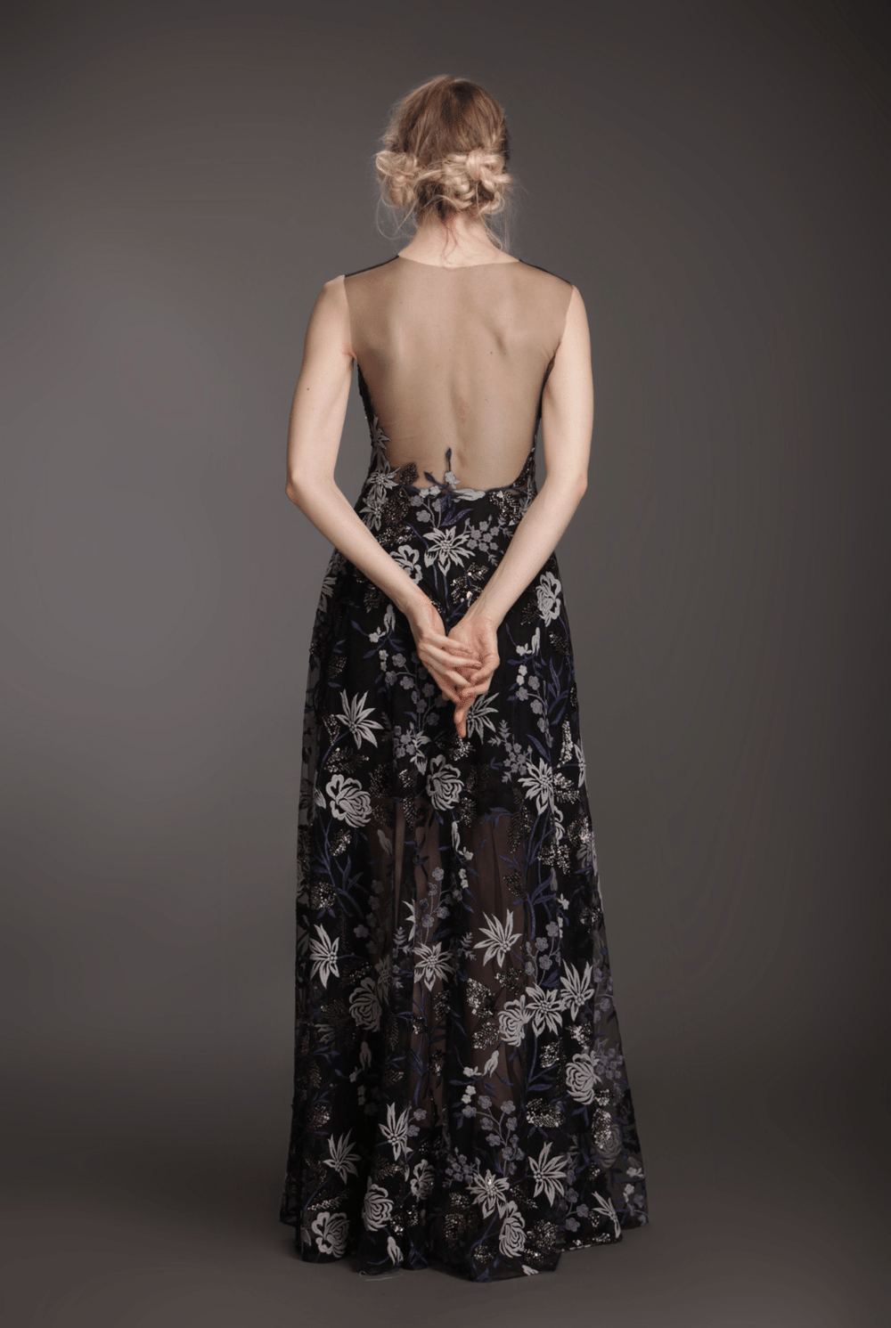 Illusion neckline appliqué flare gown-1