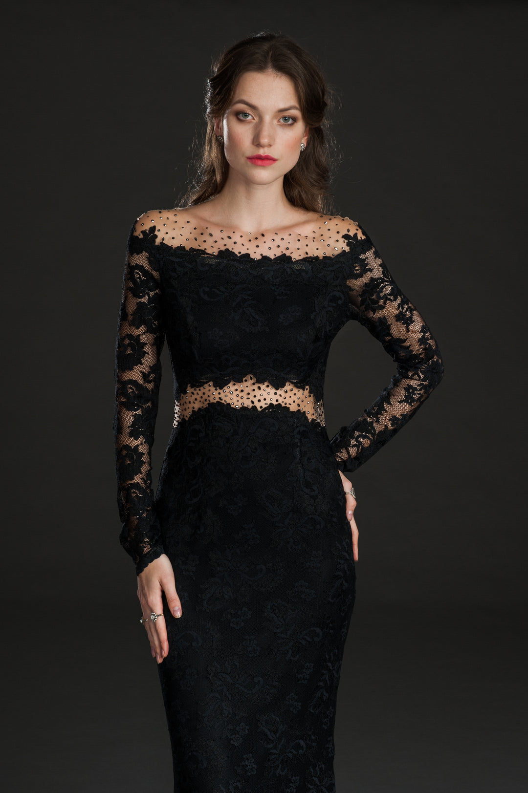 Elegant Black Lace Long-Sleeve Evening Gown with Sheer Details-2