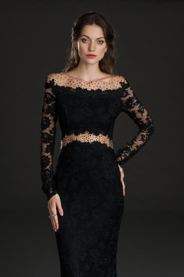 Elegant Black Lace Long-Sleeve Evening Gown with Sheer Details-2