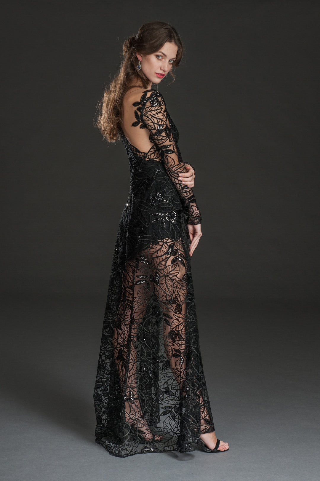 Black floral high-low mesh gown-4