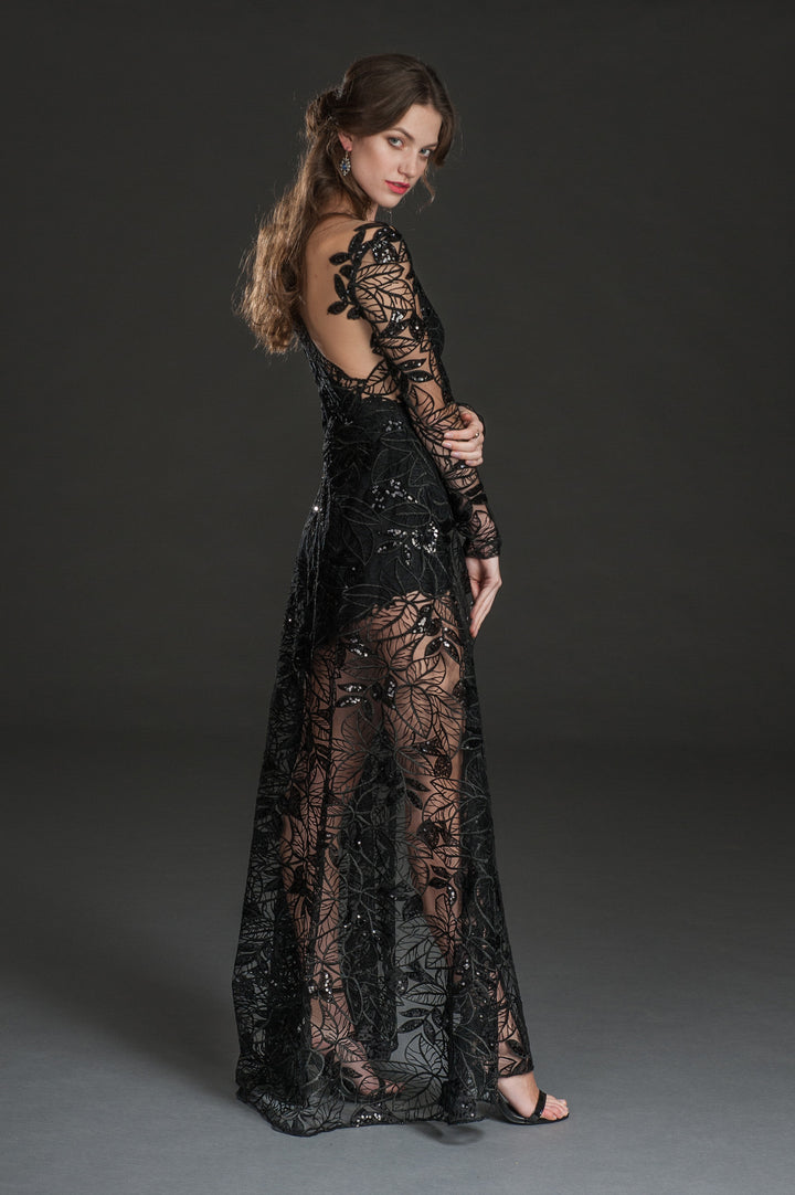 Black floral high-low mesh gown-4