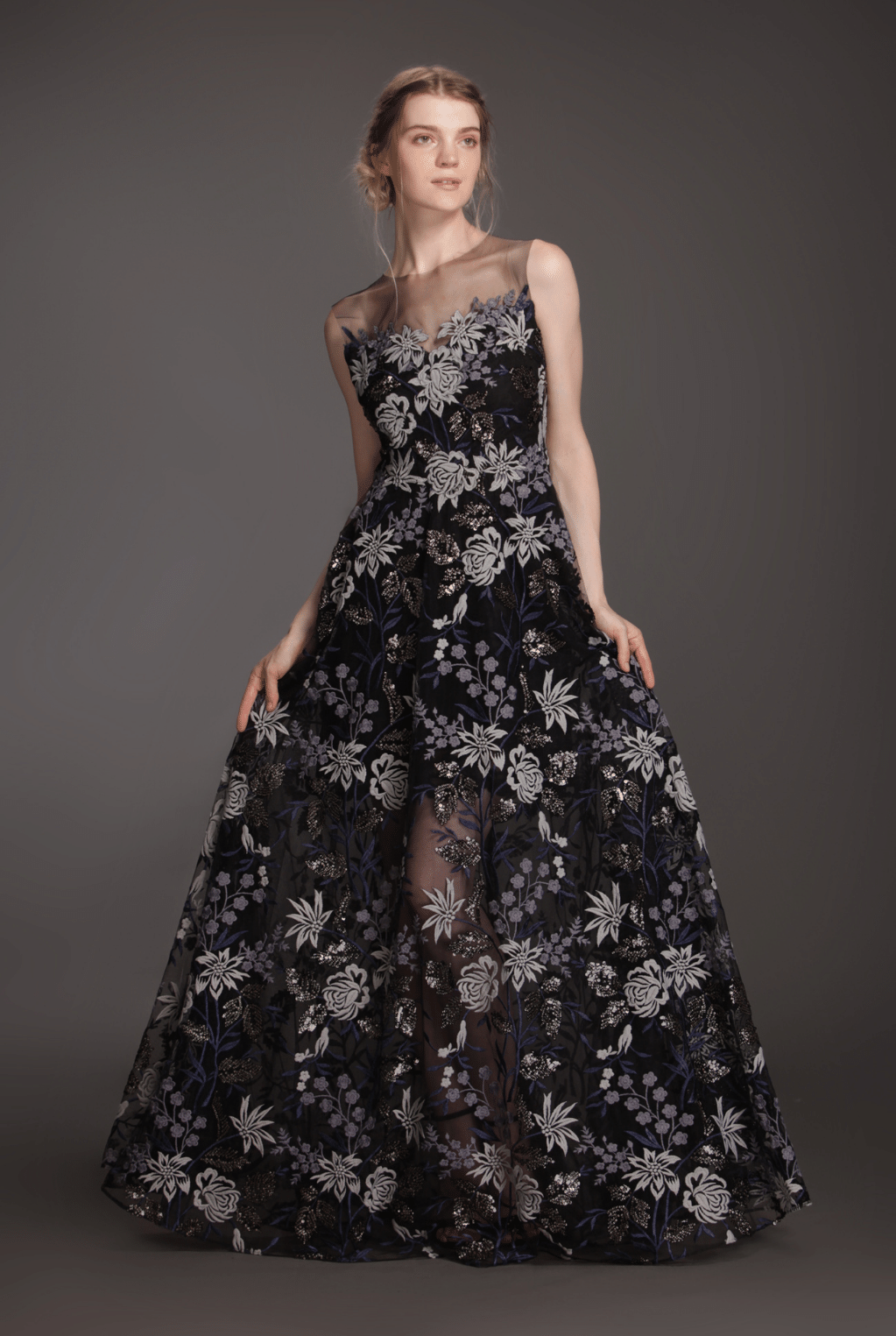 Illusion neckline appliqué flare gown-0