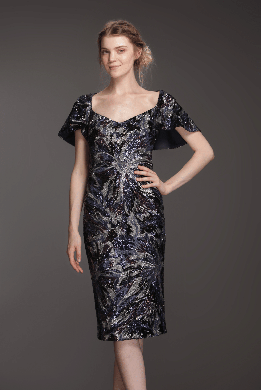 Black sequin cape neckline dress-0