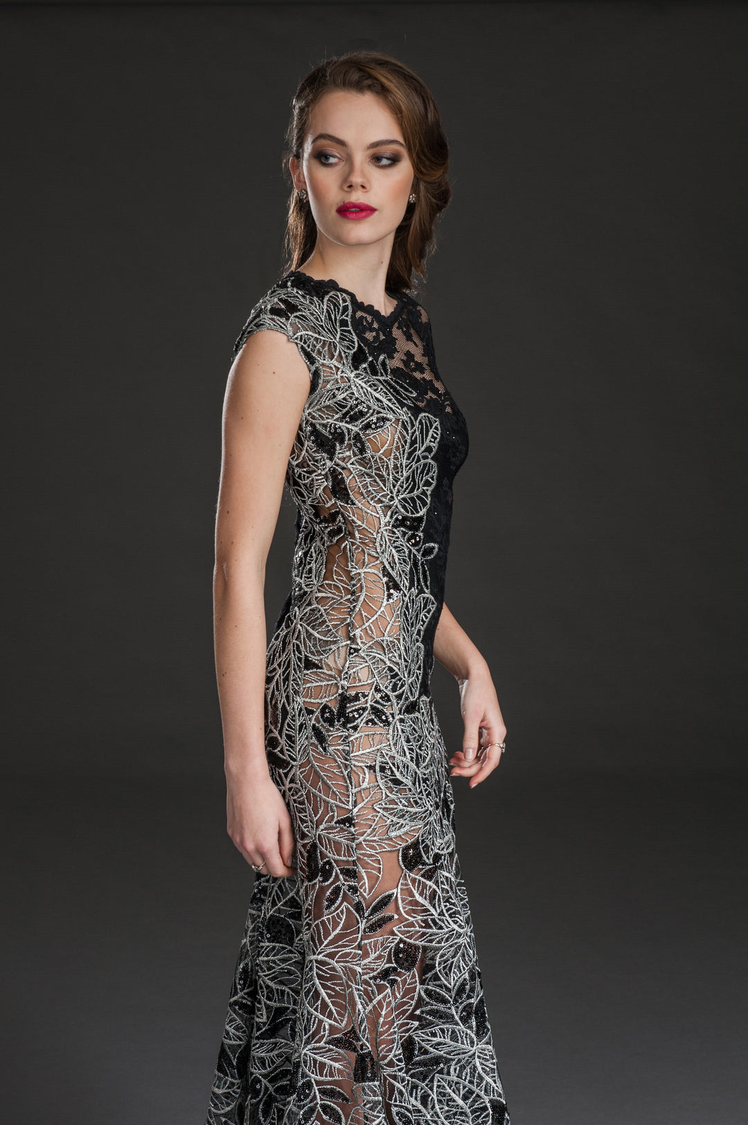 Black Lace Gown with Intricate Leaf Appliqué and Sheer Panels-2
