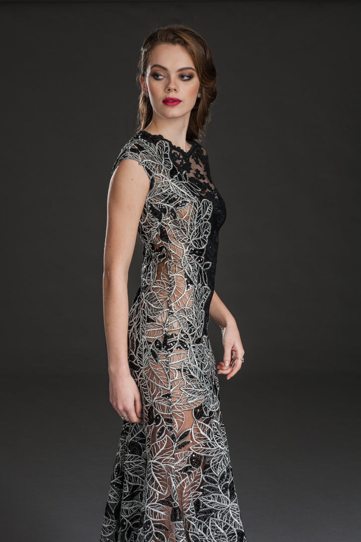 Black Lace Gown with Intricate Leaf Appliqué and Sheer Panels-2