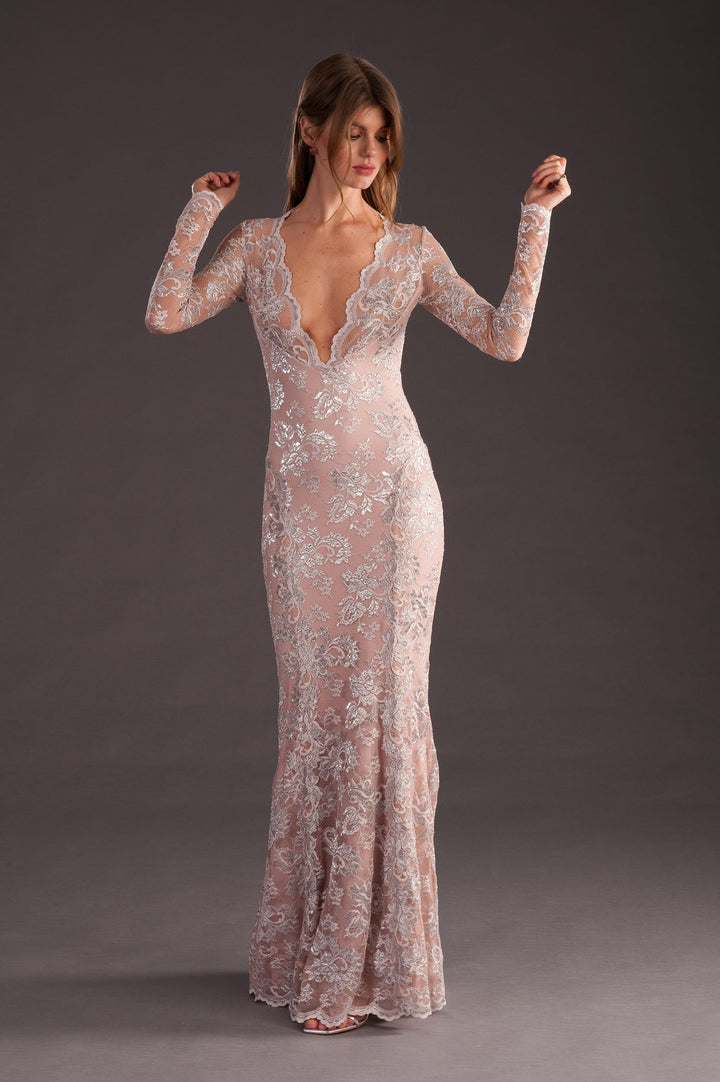 Nude Lace Gown with Deep Neckline-3