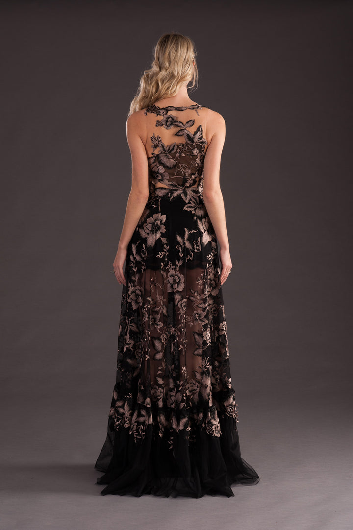 Black Gown with Gold Floral Print-2
