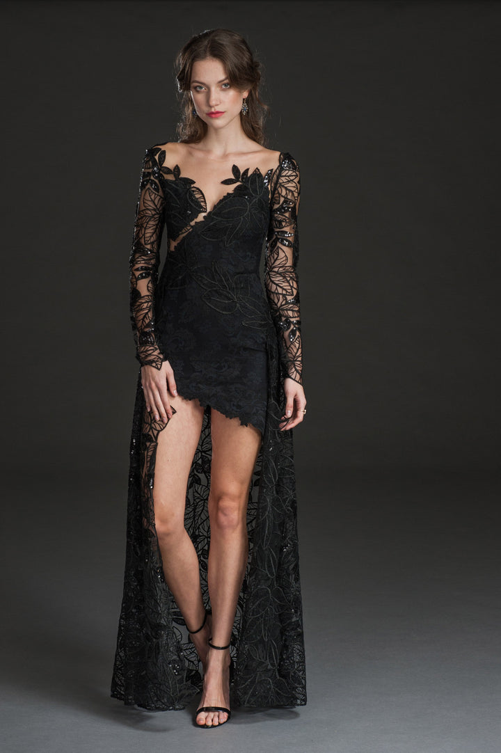 Black floral high-low mesh gown-0