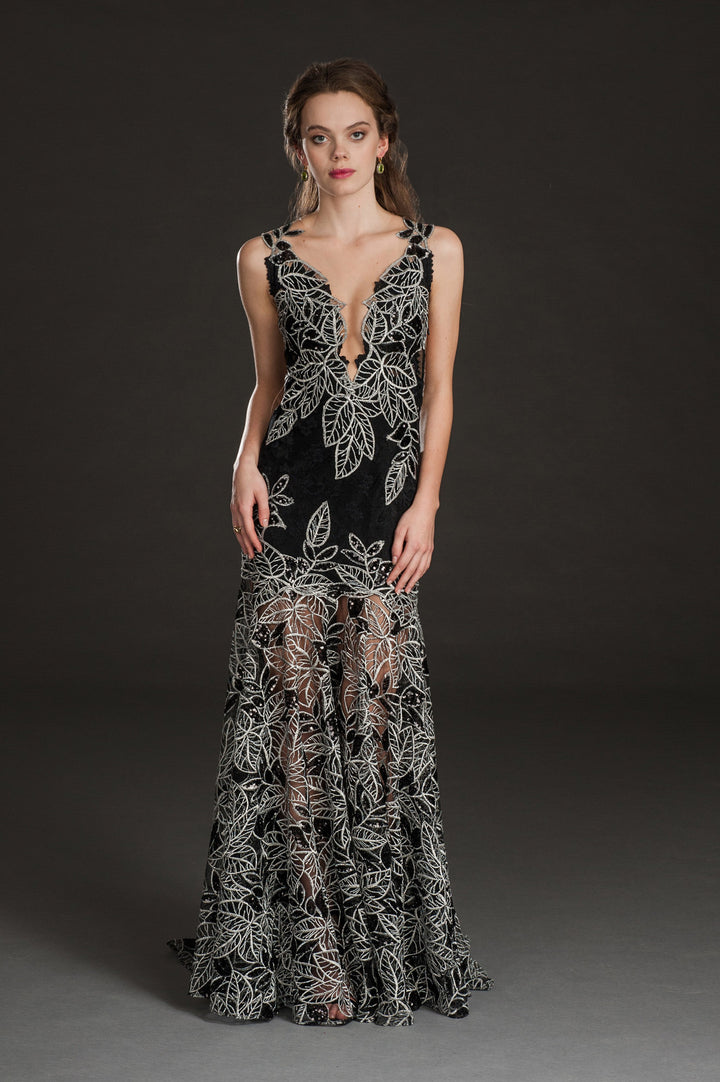 Floral mesh plunge neck-0