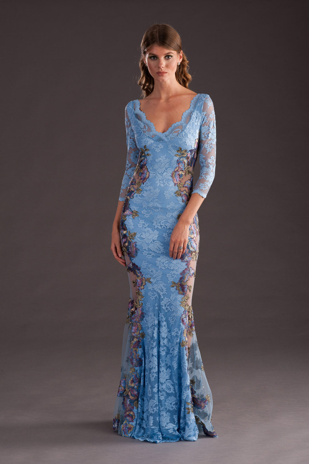 Floral Embroidered Lace Evening Gown-0