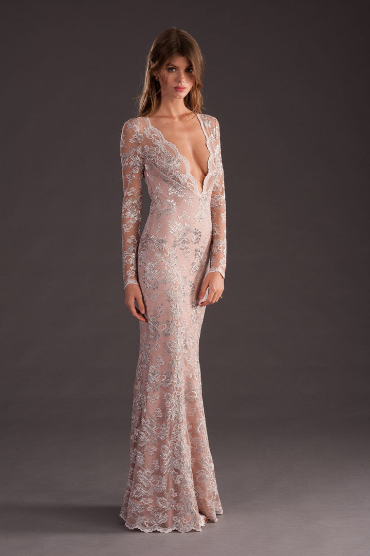 Nude Lace Gown with Deep Neckline-1