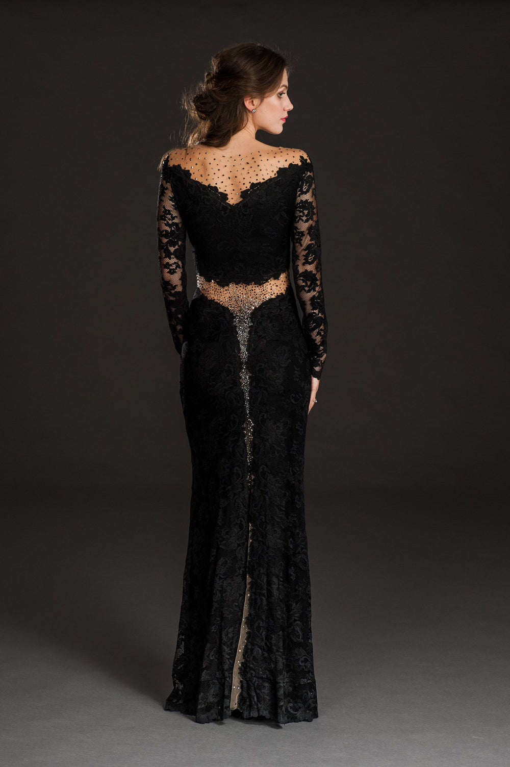 Elegant Black Lace Long-Sleeve Evening Gown with Sheer Details-1
