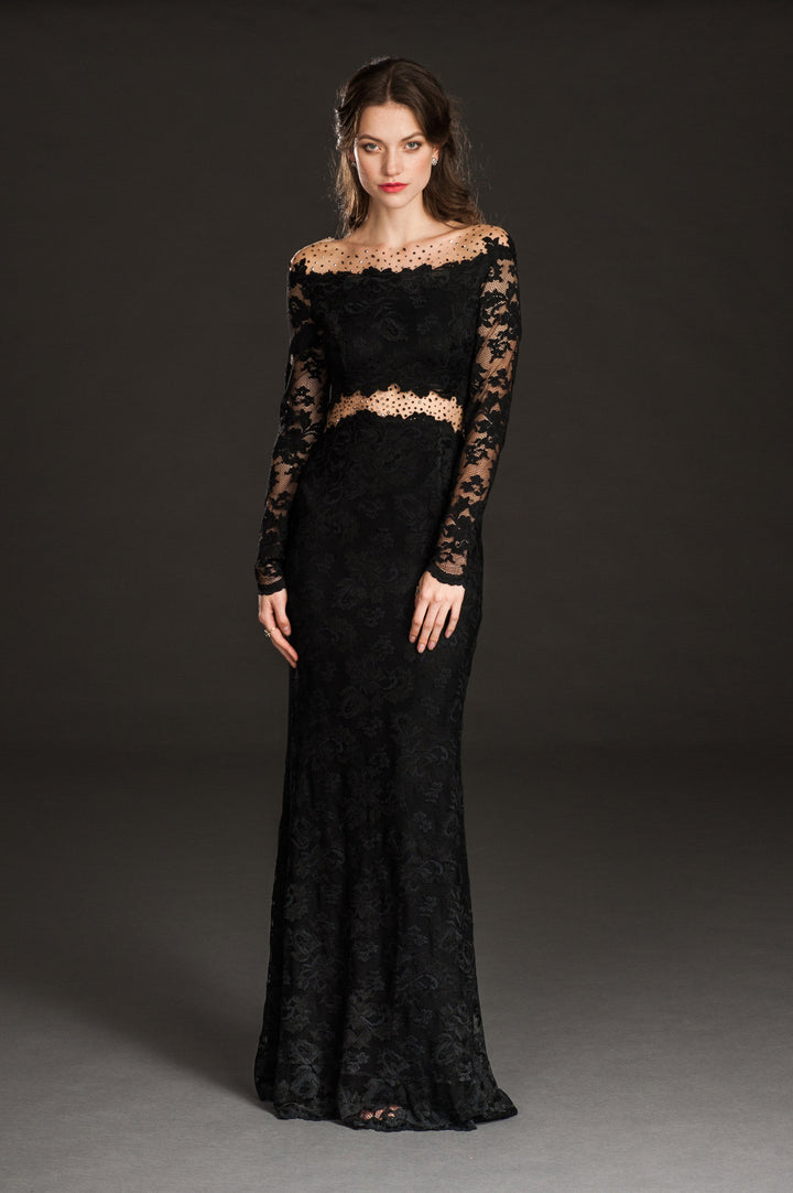 Elegant Black Lace Long-Sleeve Evening Gown with Sheer Details-0