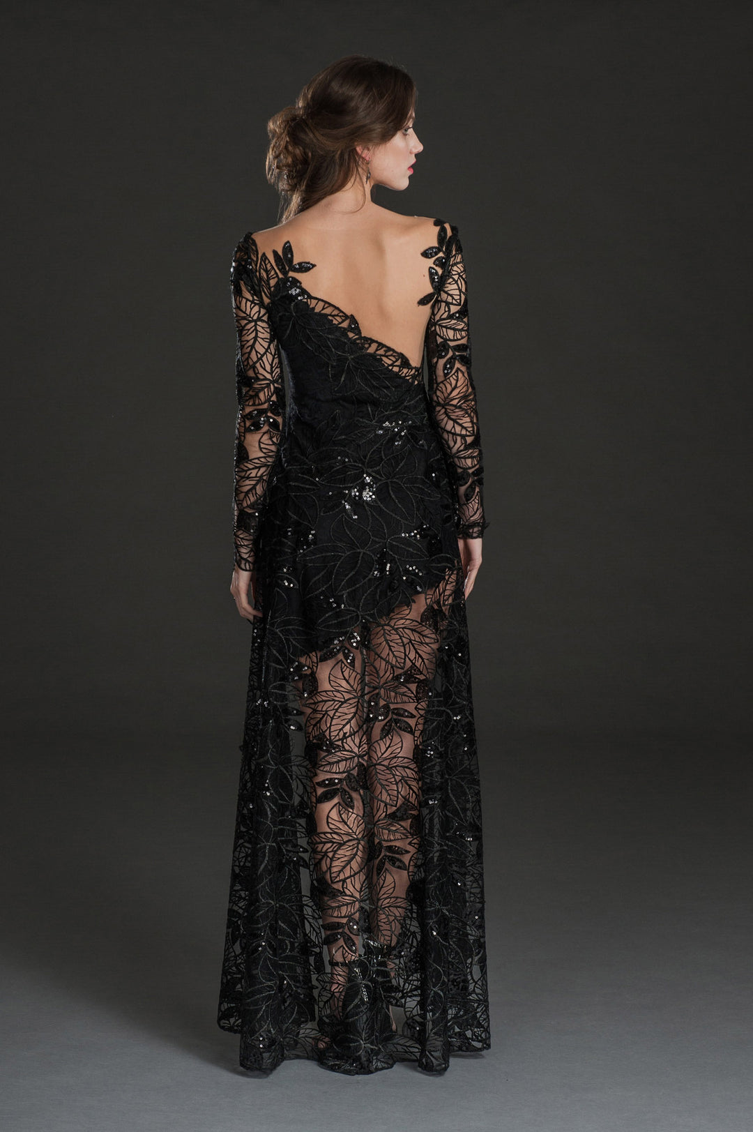 Black floral high-low mesh gown-1