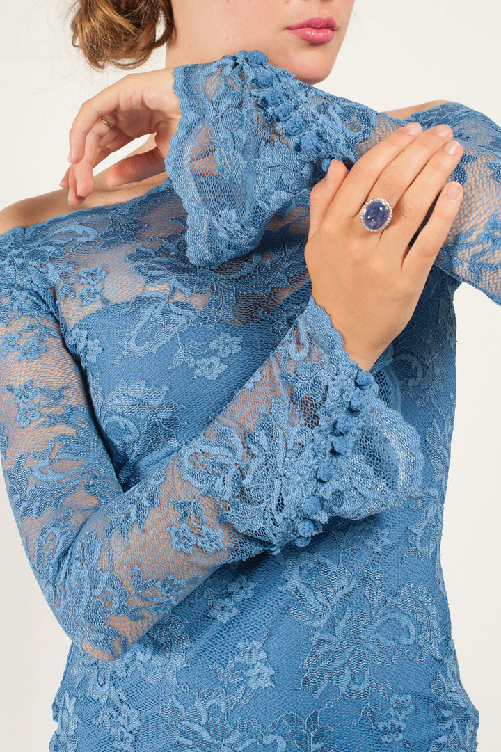 Off-Shoulder Lace Top with Flare Sleeves-1