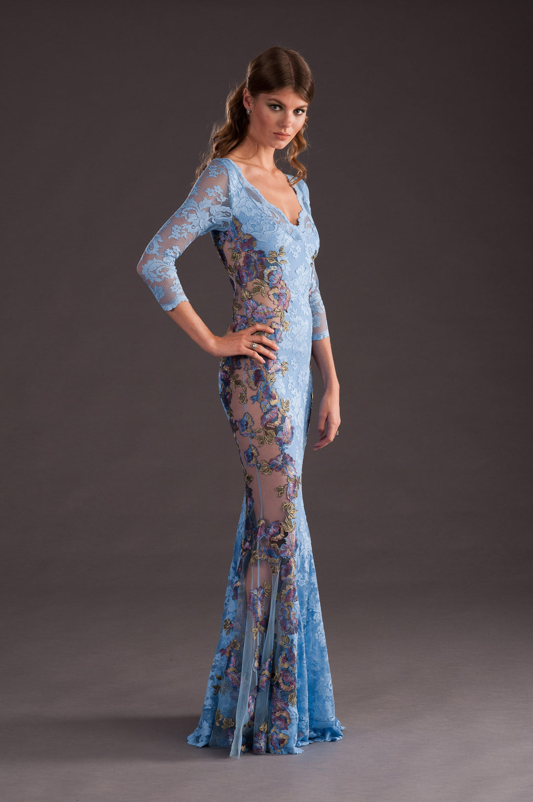 Floral Embroidered Lace Evening Gown-3