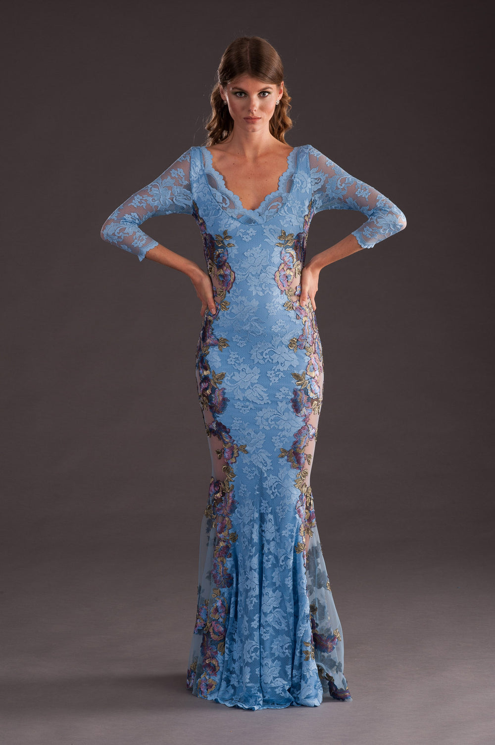 Floral Embroidered Lace Evening Gown-1