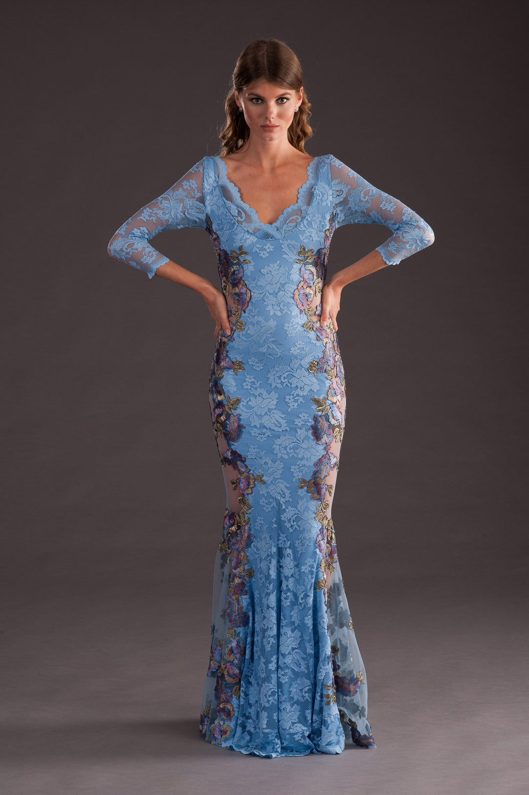Floral Embroidered Lace Evening Gown-1