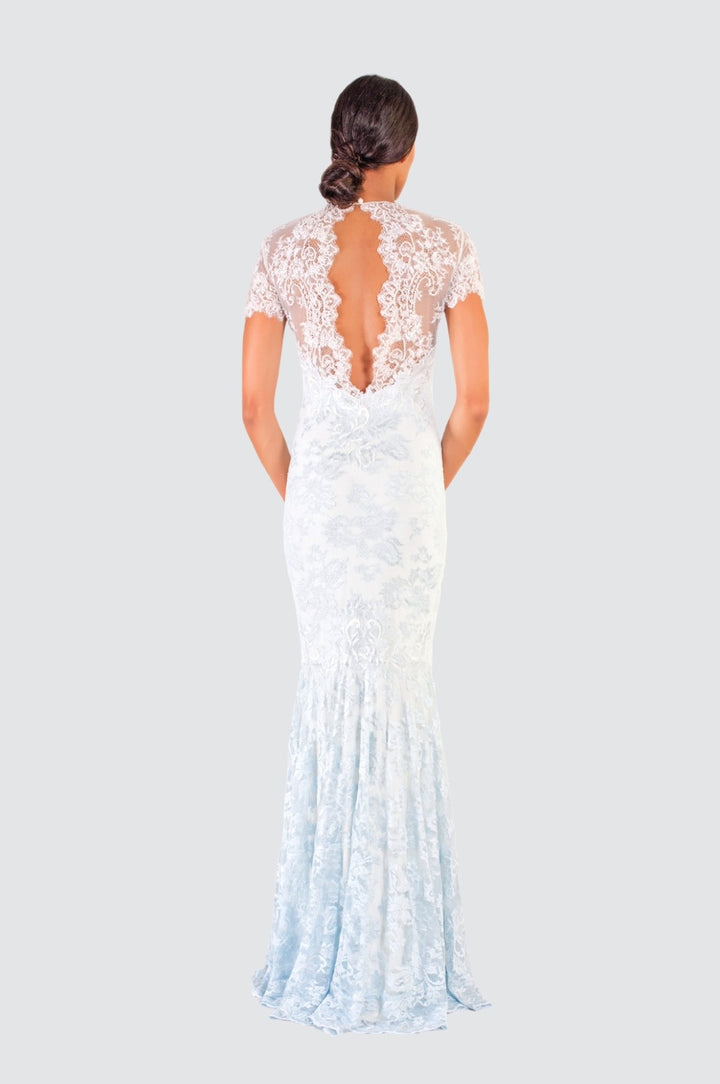Ice Blue Lace Gown with Embroidery