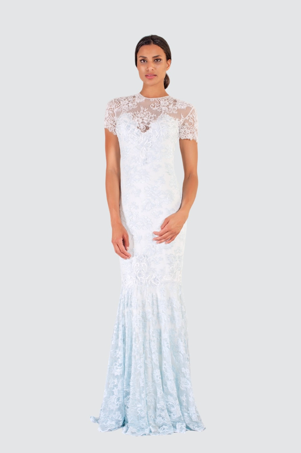 Ice Blue Lace Gown with Embroidery