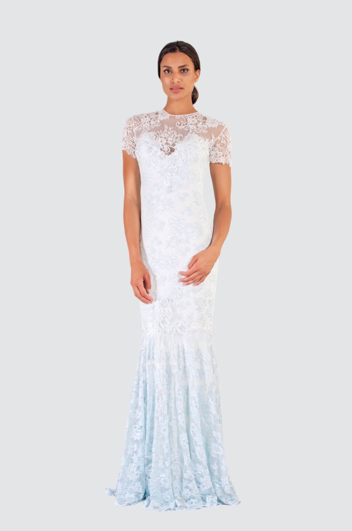 Ice Blue Lace Gown with Embroidery