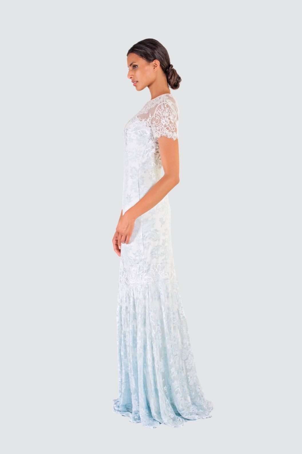 Ice Blue Lace Gown with Embroidery