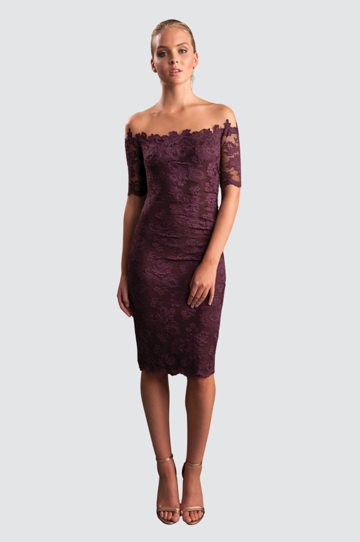 Off-Shoulder Lace Dress with Illusion Tulle