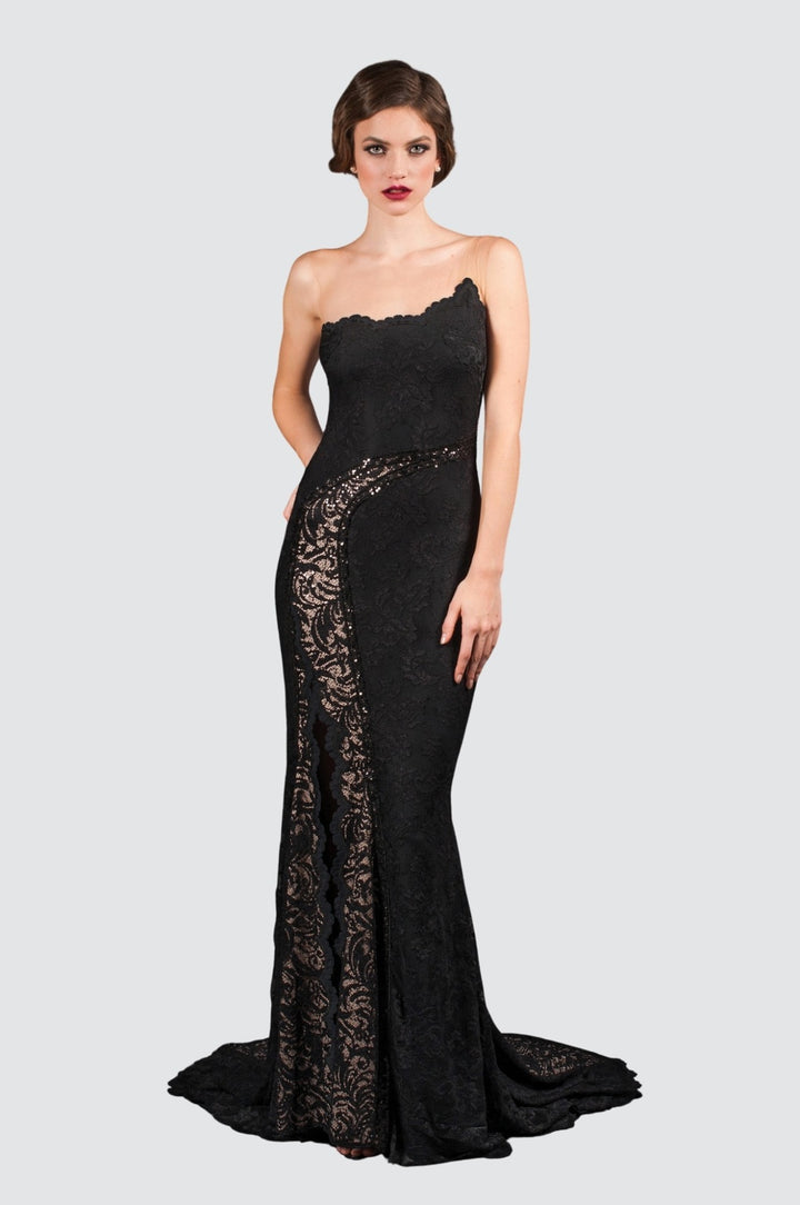 Off-Shoulder Lace Gown with Embroidery Appliqués