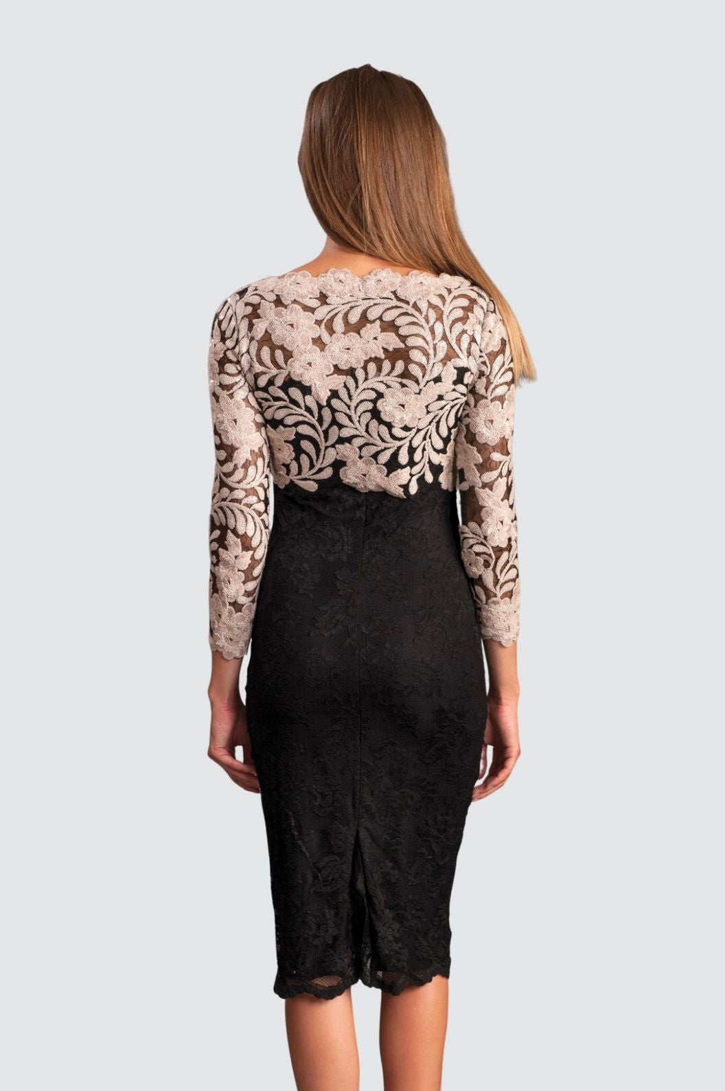 Elegant Black & ivory Lace Midi Dress with Floral Embroidery Elegant Black & ivory Lace Midi Dress with Floral Embroidery