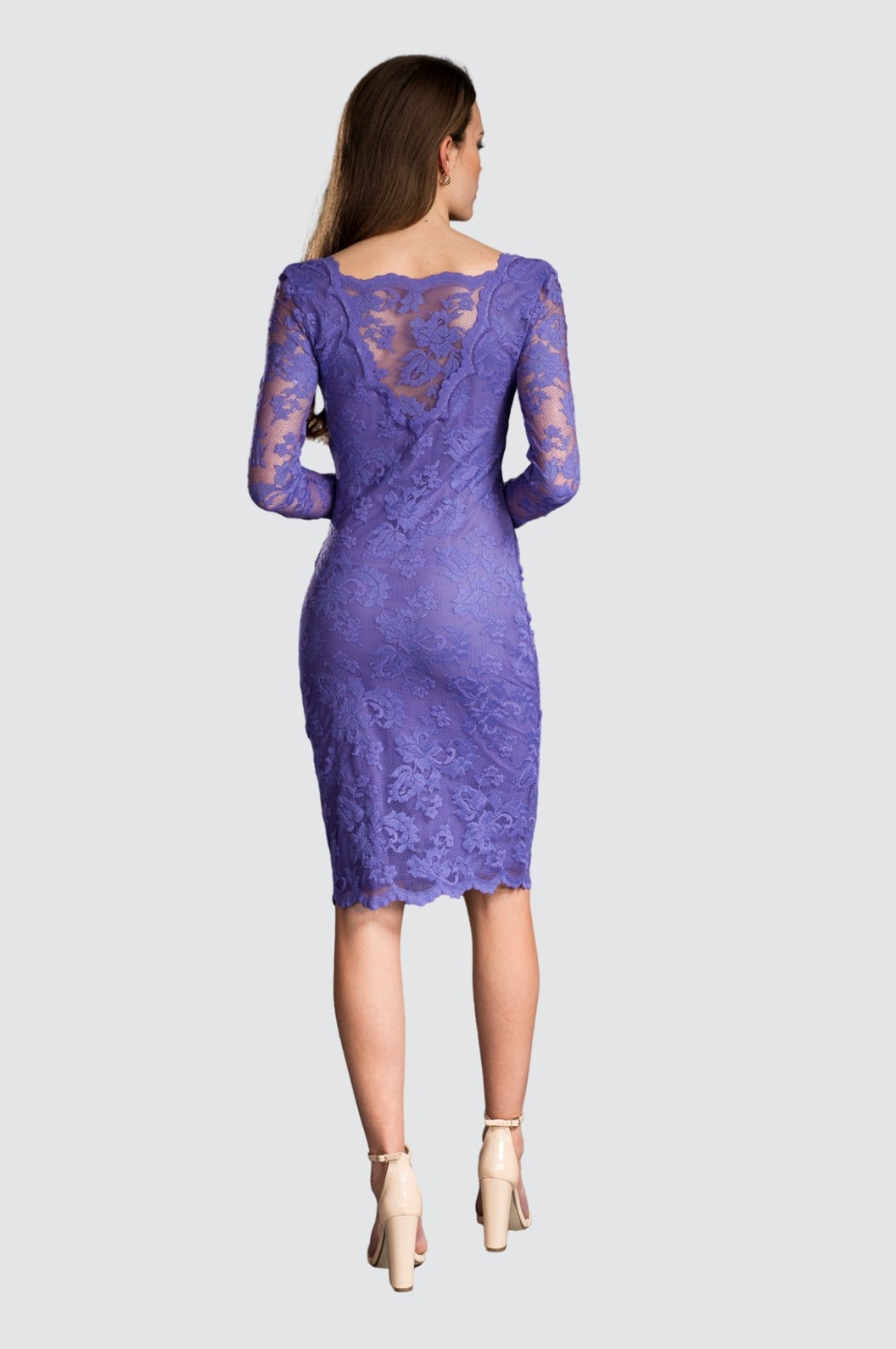 knee length purple lace dress Purple Knee Length Prom Dress With Modest Lace Neckline