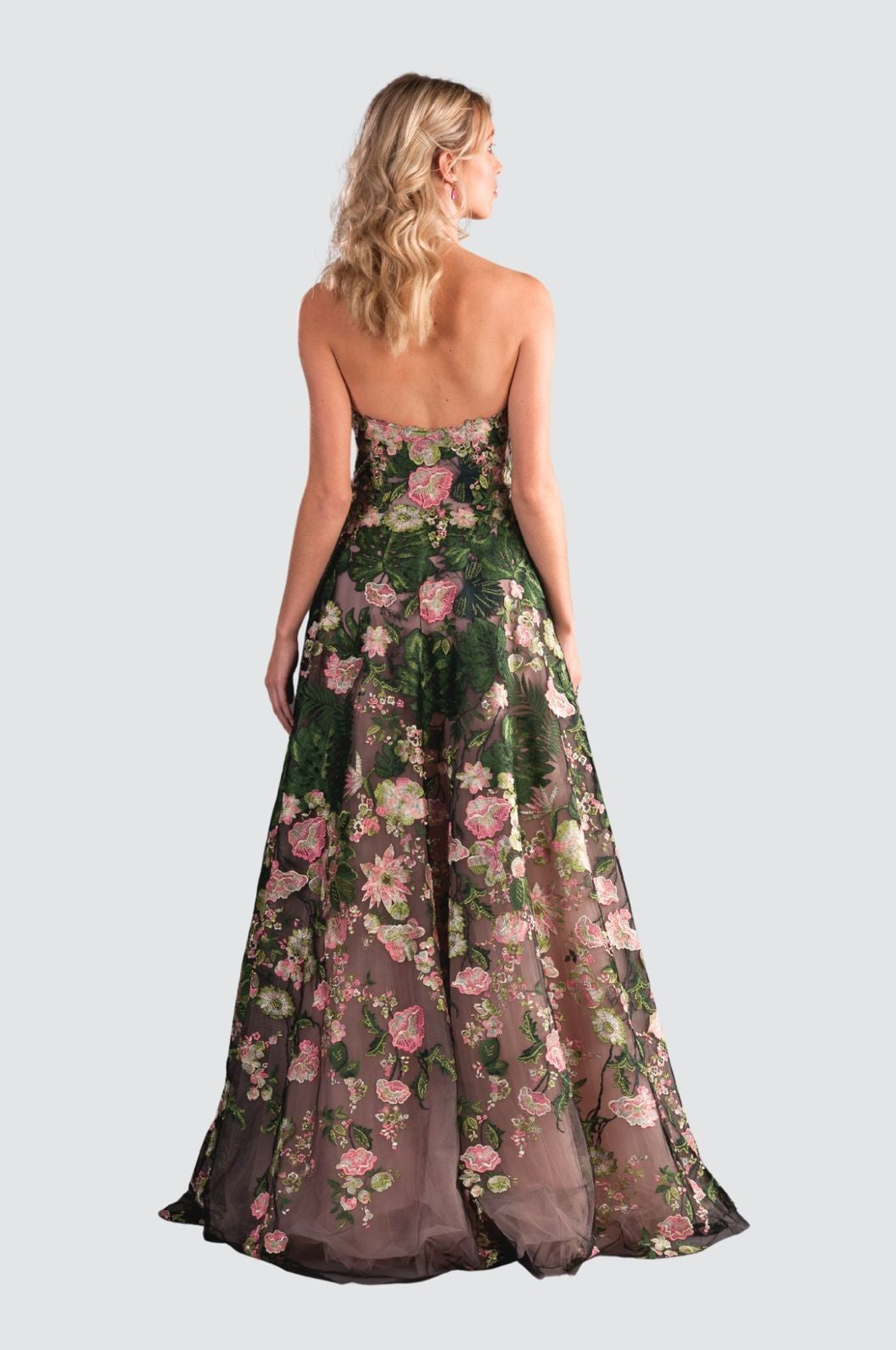 Elegant Strapless Floral Embroidered Gown