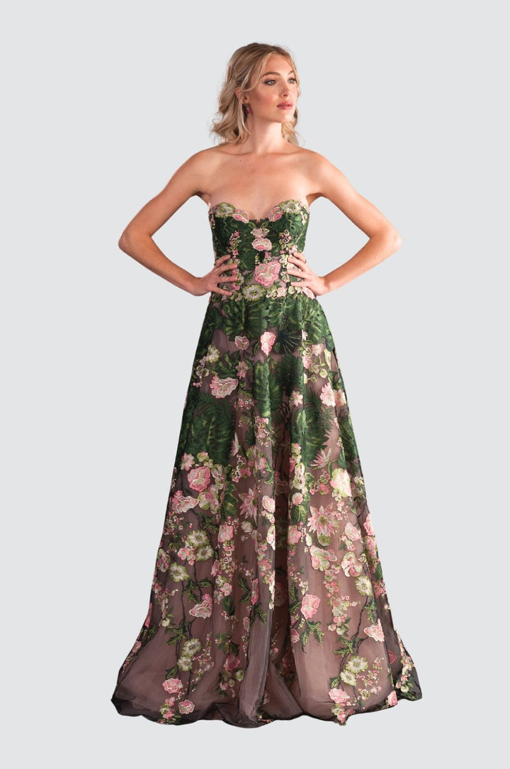 Elegant Strapless Floral Embroidered Gown