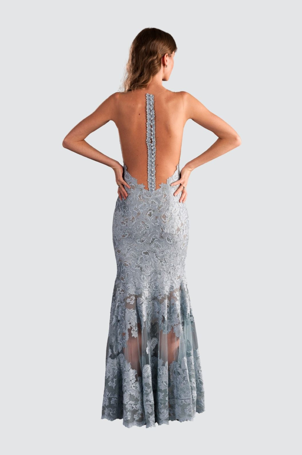 Elegant Sage Gown with Illusion Olvi's Lace Elegant Sage Gown with Illusion Olvi's Lace